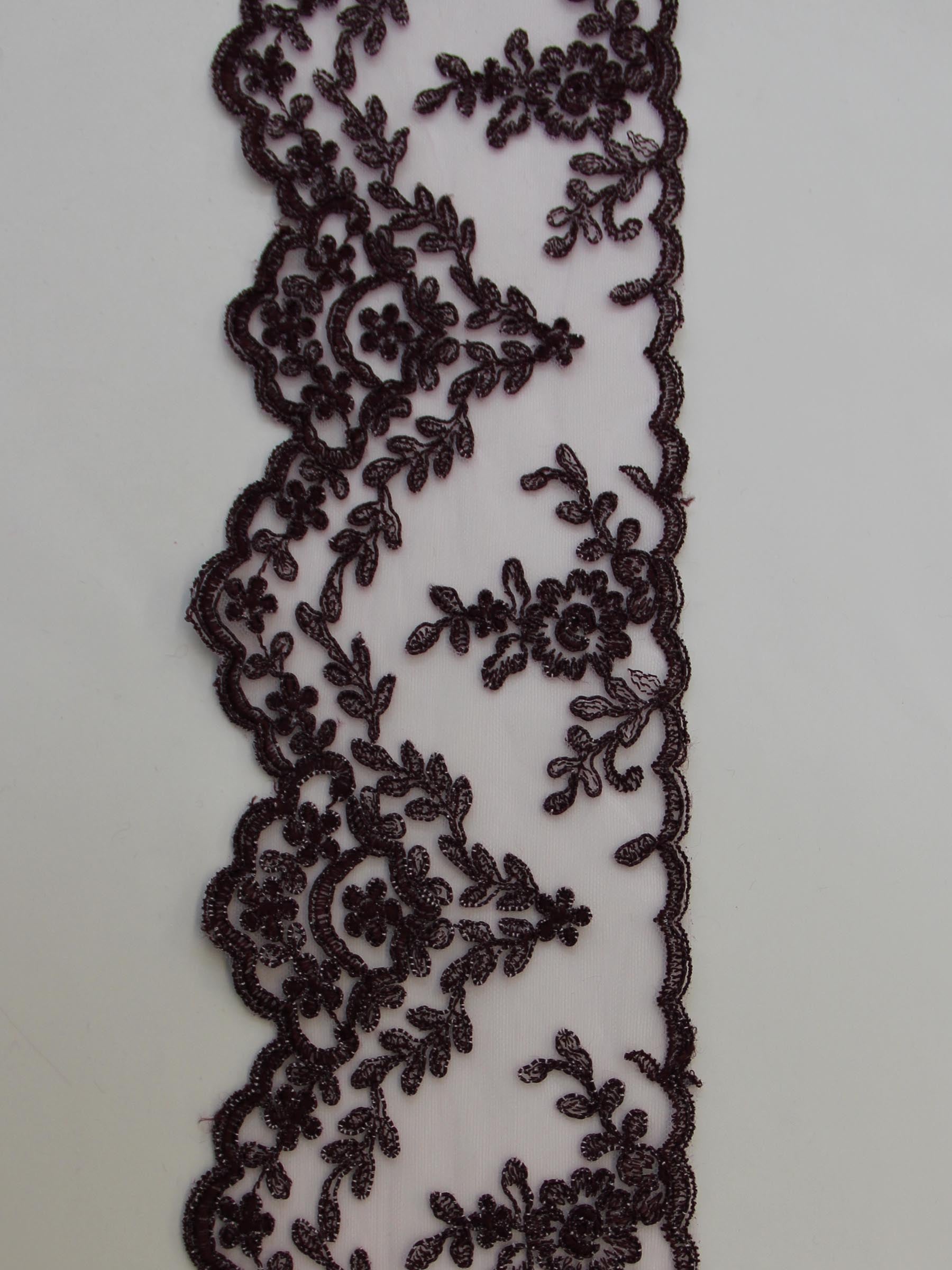 Embroidered Lace Trim Floral Black Silver