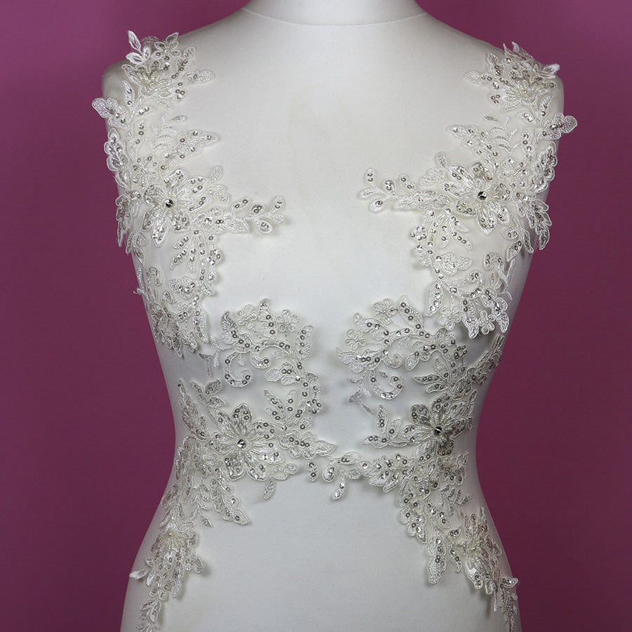 3D Flowers Pearl Beaded Lace Applique Wedding Dress Decor Floral Patch  Costume Pink-Blue