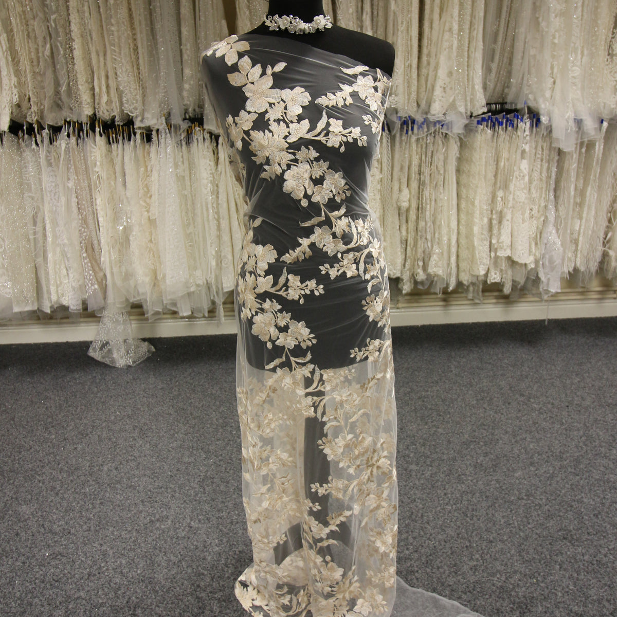 black lace over champagne material