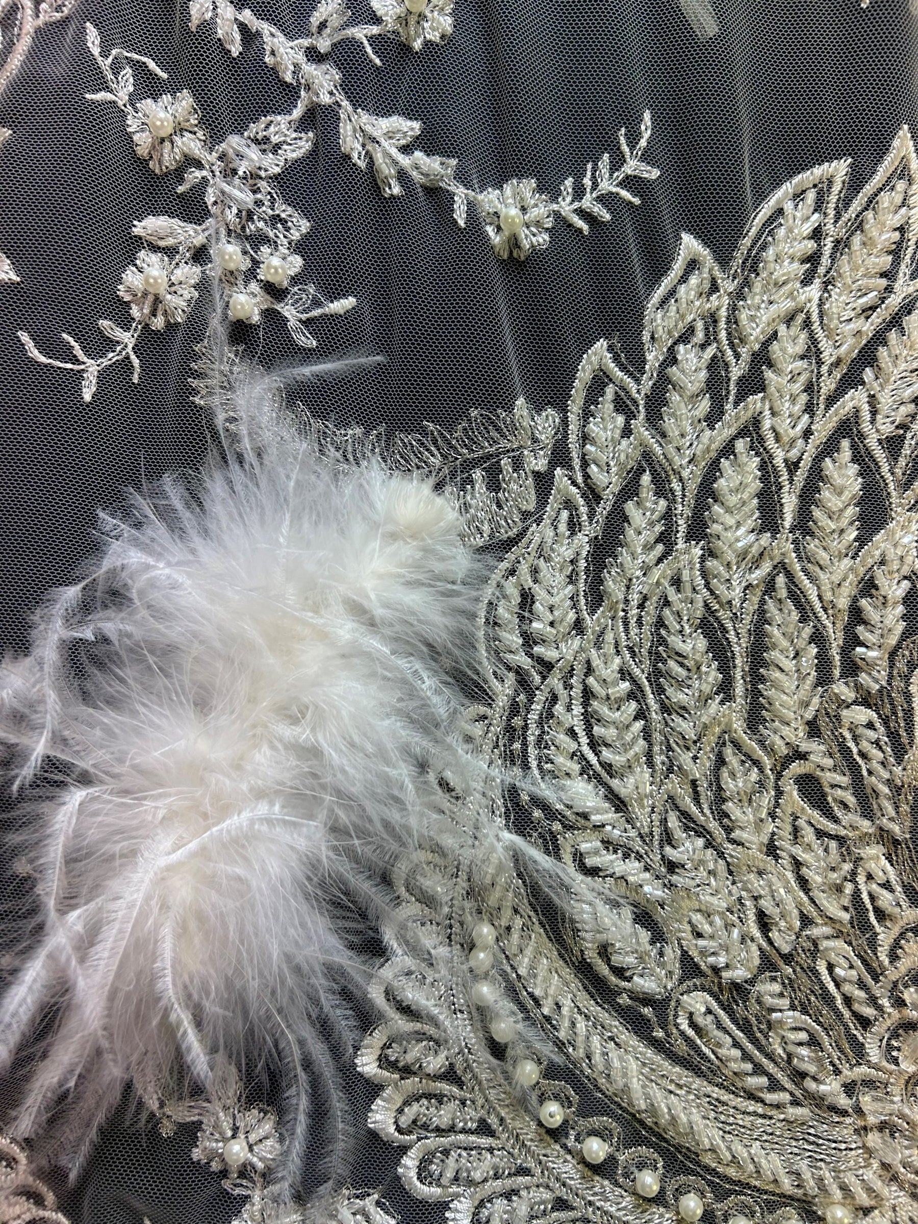 Ivory Beaded with Ivory Feathers Lace - Chantelle