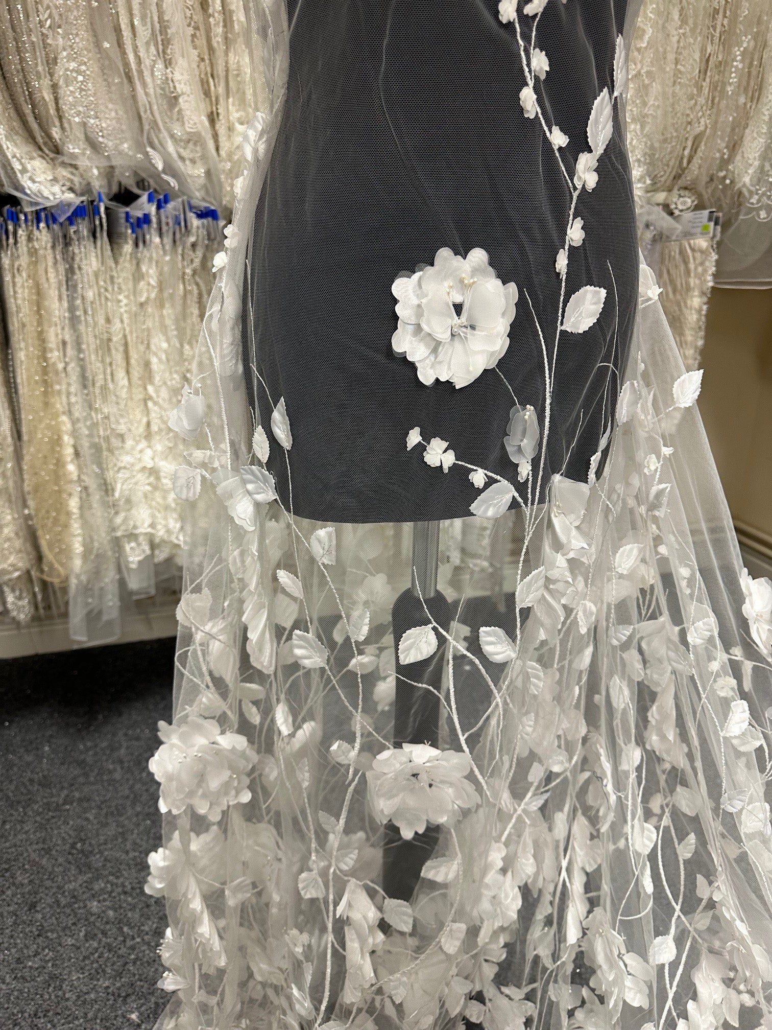 Off-white Net Fabric With White Embroidery, Boho Floral Fabric