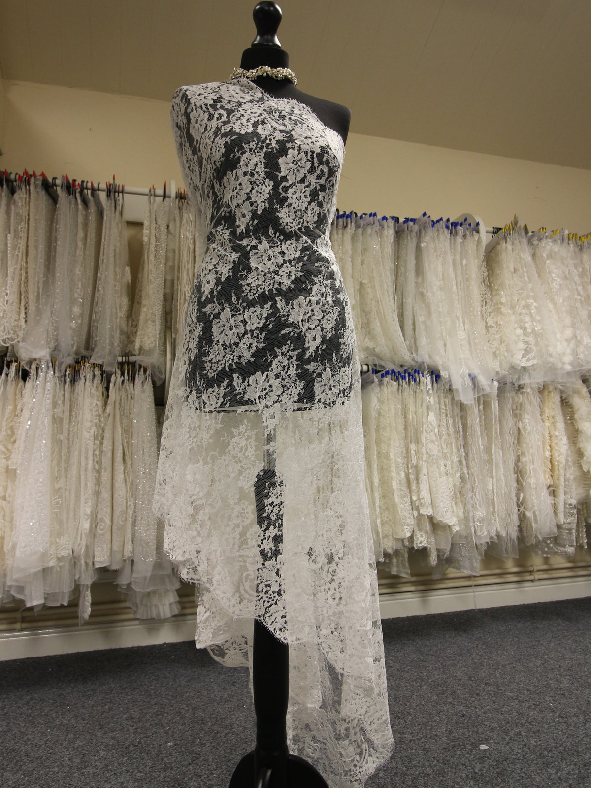 Moosa's Fabrics - Chantilly Lace - Vintage Perfection, with double sided  fringe - available in off white and black - #vintage #chantilly  #chantillylace #weddingdress #fabric #couture #eveningdress #bridal  #vintagestyle #bridalfashion #hautecouture