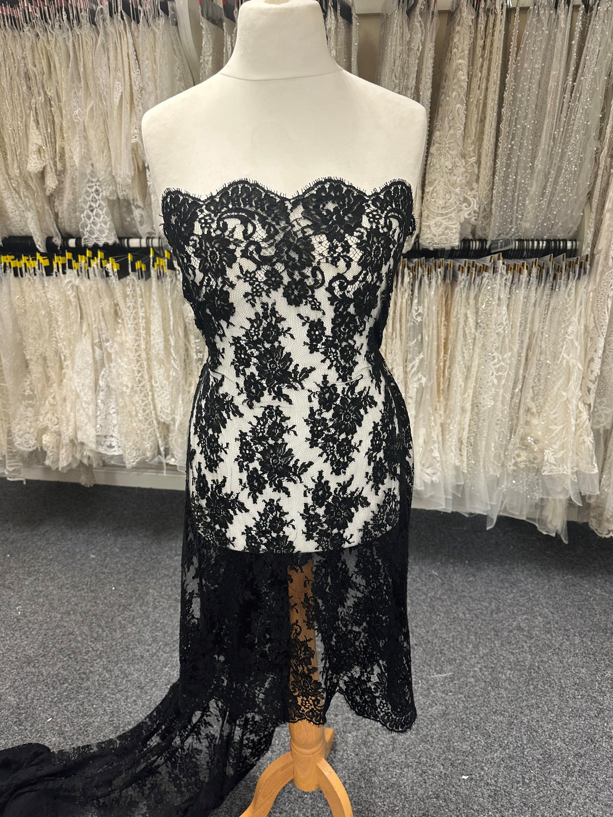 Black lace dress with white underlay best sale