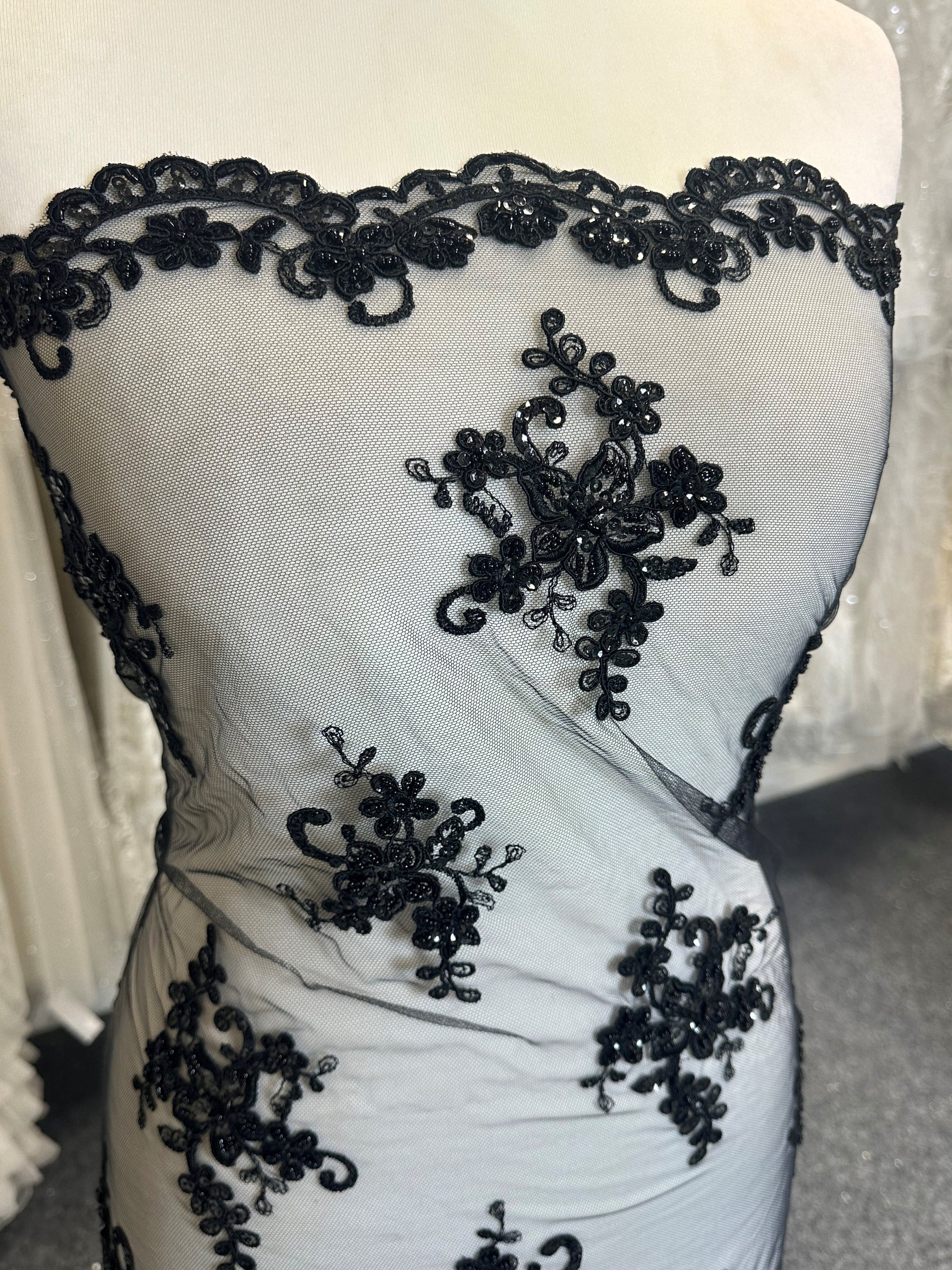 Black Beaded and Corded Lace - Alexandra