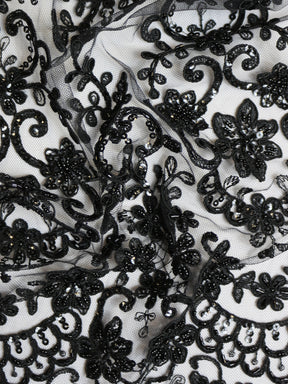Floral Pattern on Black Stretch Lace Fabric