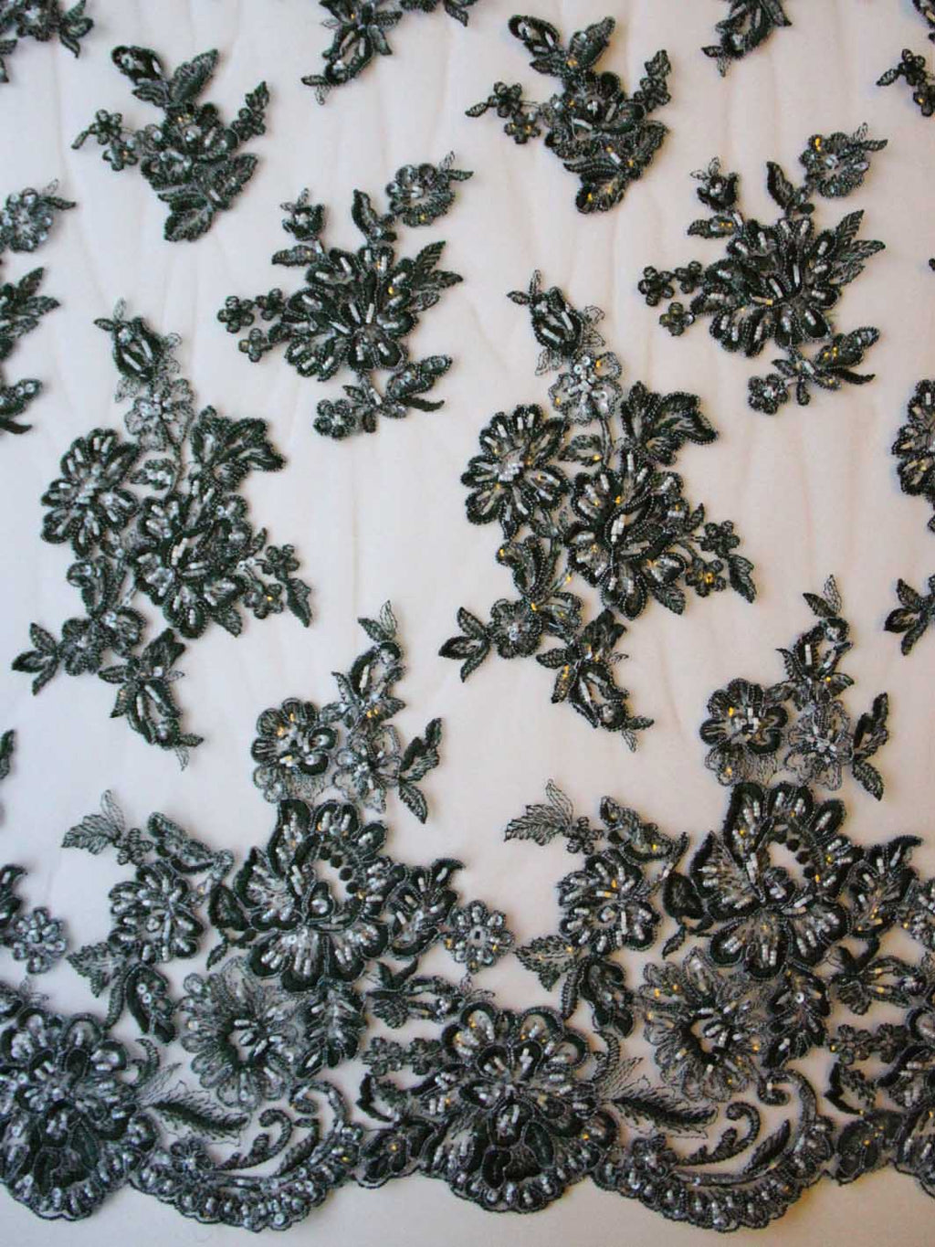 Lace, Slate Grey-Green Floral Chantilly Lace Fabric (Made in USA